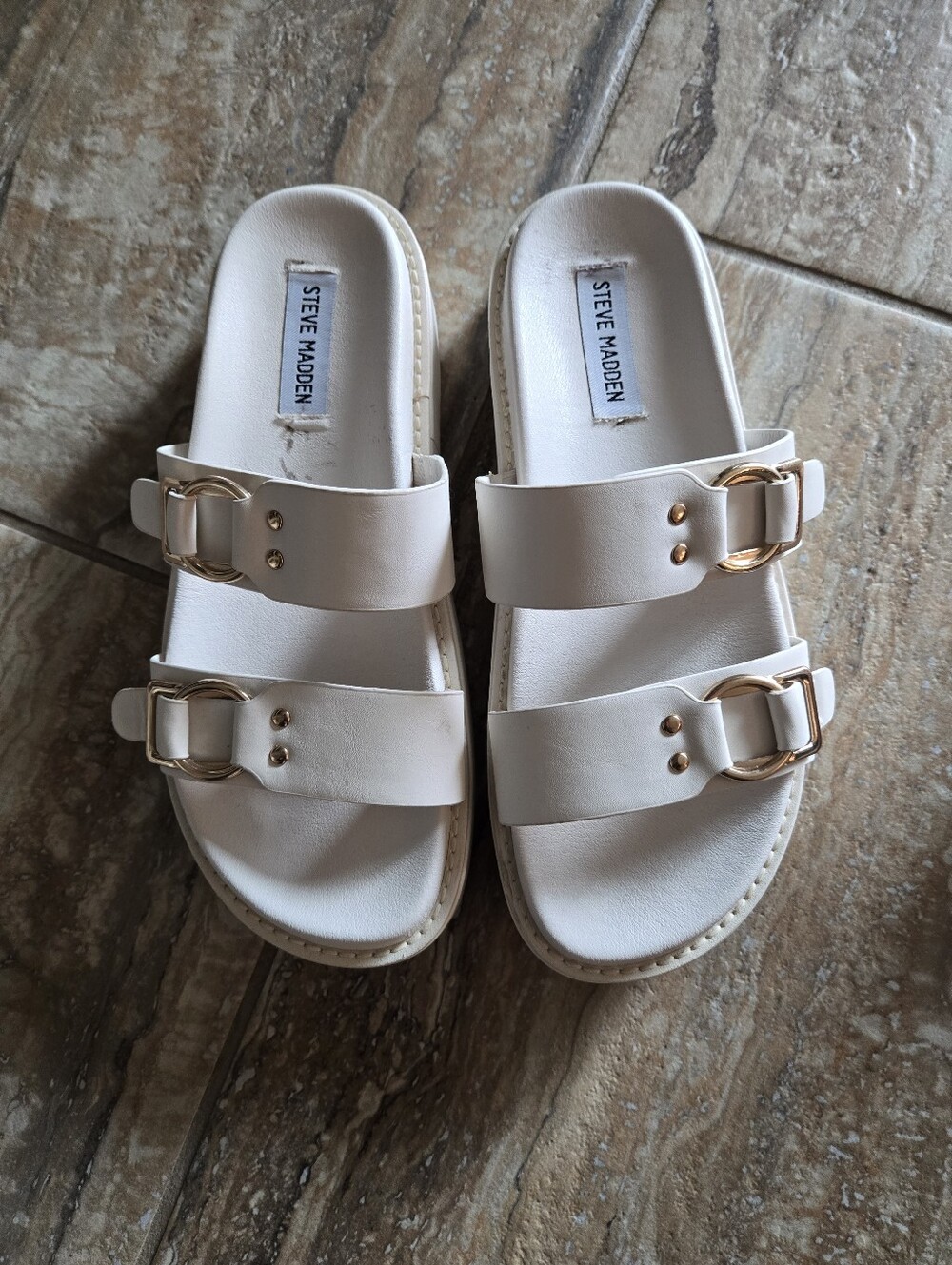 Steve Madden Cream Double-Buckle Slide Sandals with Gold Hardware, 9.5